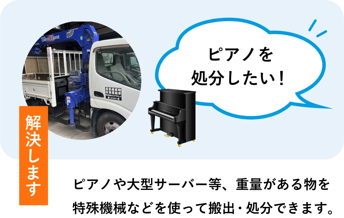 ピアノや大型サーバー等、重量がある物を特殊機械などを使って搬出・処分できます。